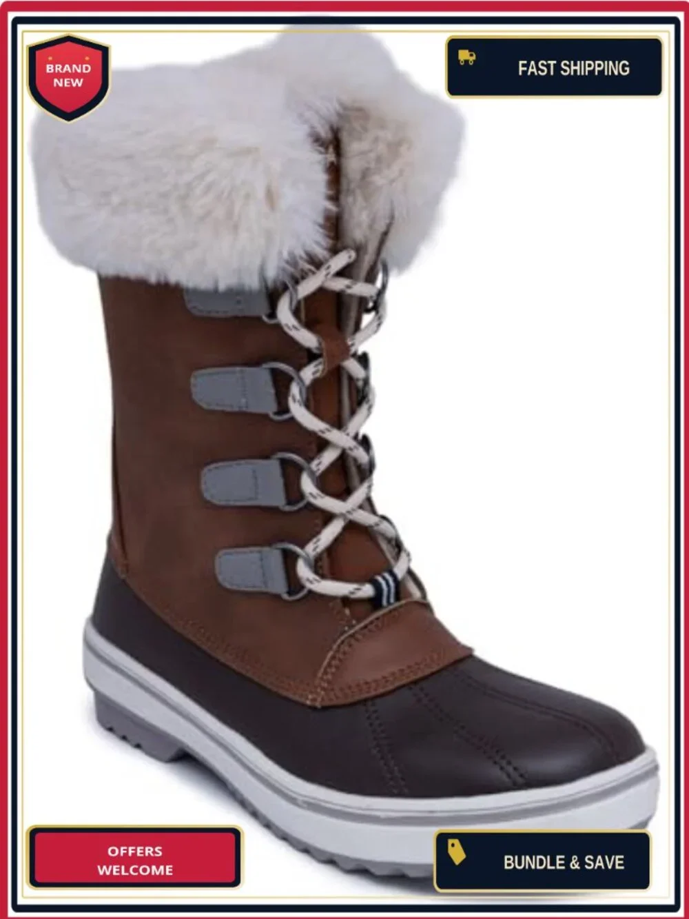 Women's Lace-Up Faux Fur Lined Water Resistant Winter Snow Boots with Bungee